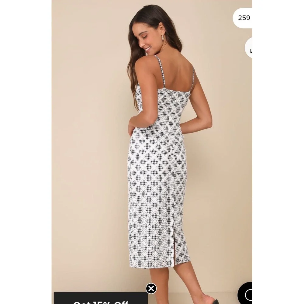 Lulus Gingham Eyelet Midi Dress Black‎ White Checkered Floral Embroidery Cottage